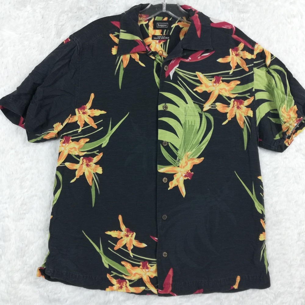 Haggar Mens Shirt 100% Silk Tropical Short Sleeve Button Up Washable Black S